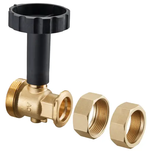 Oventrop Kugelhahn mit schwarzem Griff, Messinganschluss und zwei passenden Gewindemuffen. Eignet sich für Heizungsinstallationen und Wasserleitungen.